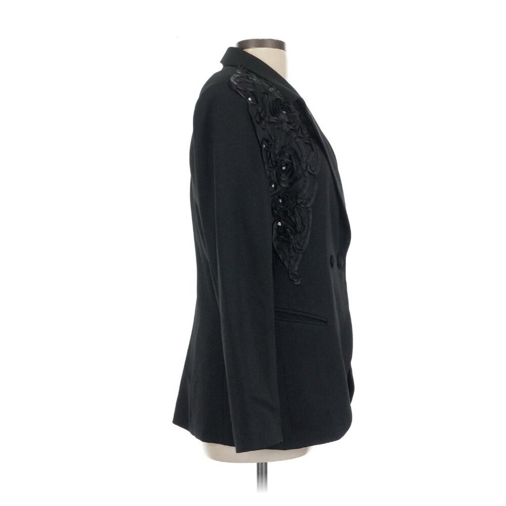 Biya Black Double Breasted Blazer Floral Shoulder Applique Rhinestone Accents - Picture 2 of 5